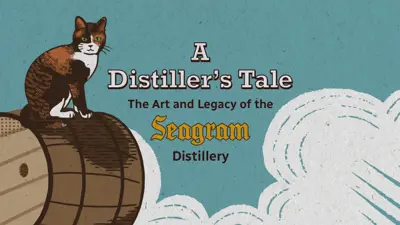 A Distiller's Tale exhibit banner image showing a stylized tortoise cat on a barrel on a blue and white background