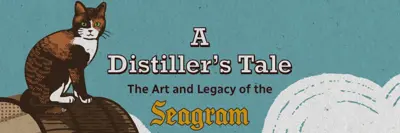 A Distiller's Tale exhibit banner image showing a stylized tortoise cat on a barrel on a blue and white background